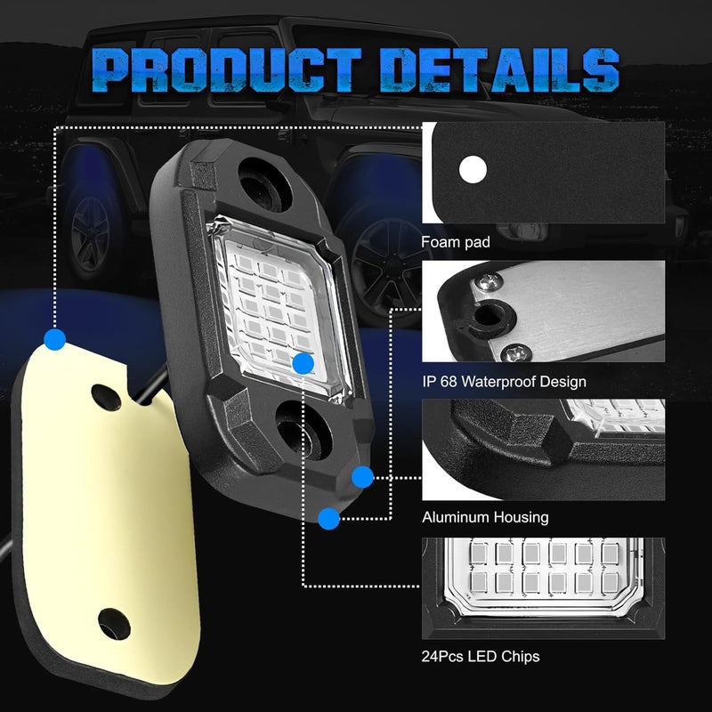 LY8 4 Pods Blue Rock Light LED Waterproof Neon Trail Rig Lamp Underglow Lights for Car Truck Motorcycle Boat SUV ATV UTV (Blue) - Image 3
